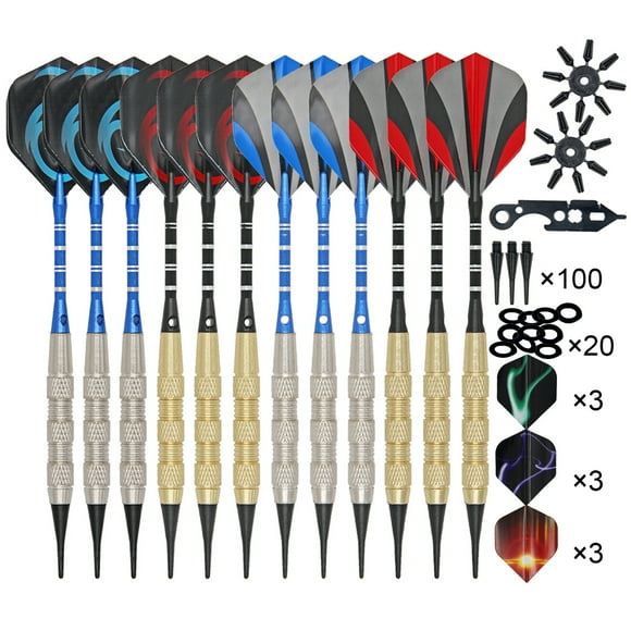 Graflsoa Ensemble de Fléchettes à Embout Souple de 12 Pcs avec 100 Embouts Remplaçables, 20 Joints Toriques, 9 Vols, 2 Économiseurs de Fléchettes et Outil à Clé - Modèle RS12TZ-1A