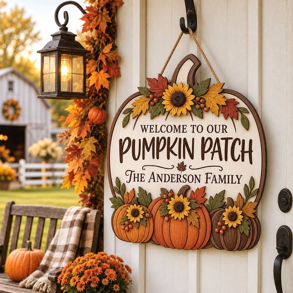 Wooden Door Sign Welcome to Our Pumpkin Patch, Fall Front Entry Hanging for Thanksgiving
