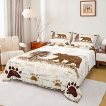 Manfei Woodland Animal Bear Bed Sheets,Kawaii Paws Print King Sheets,Brown Beige Sheet Set For Boys Kids,Super Cozy Room Decor,4 Pieces