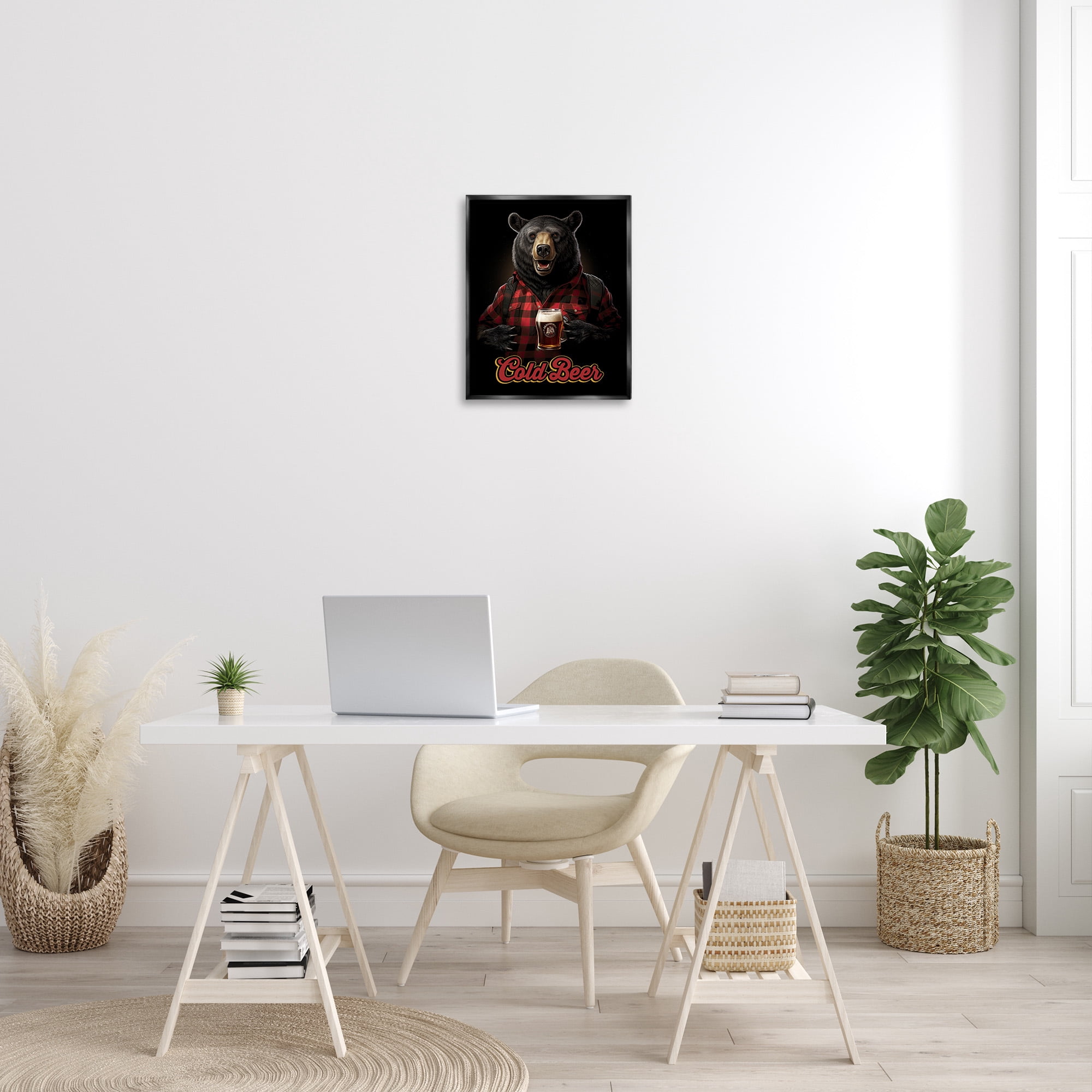 Stupell Industries Bear with Cold Beer Animals & Insects Painting Black Floater Framed Canvas Art Print Wall Art, 17 x 21