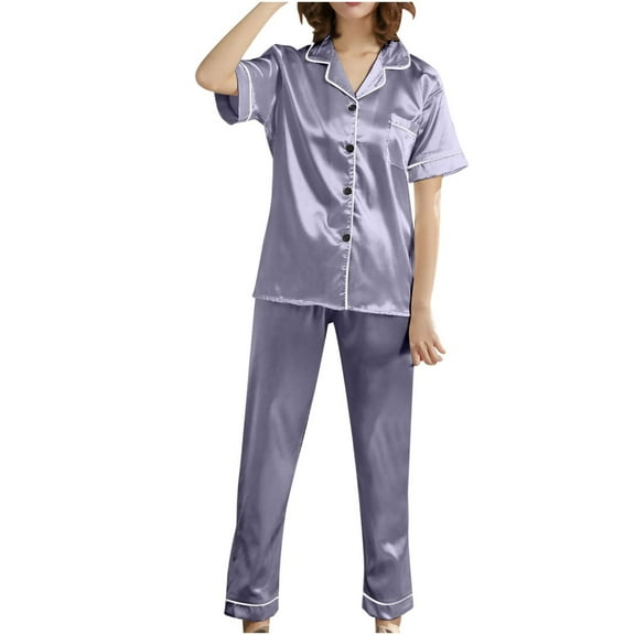 FAIWAD Womens Satin Pajamas Set Short Sleeve Button Down Lapel Shirt and Long Pants Classic Comfy Nightwear Suit