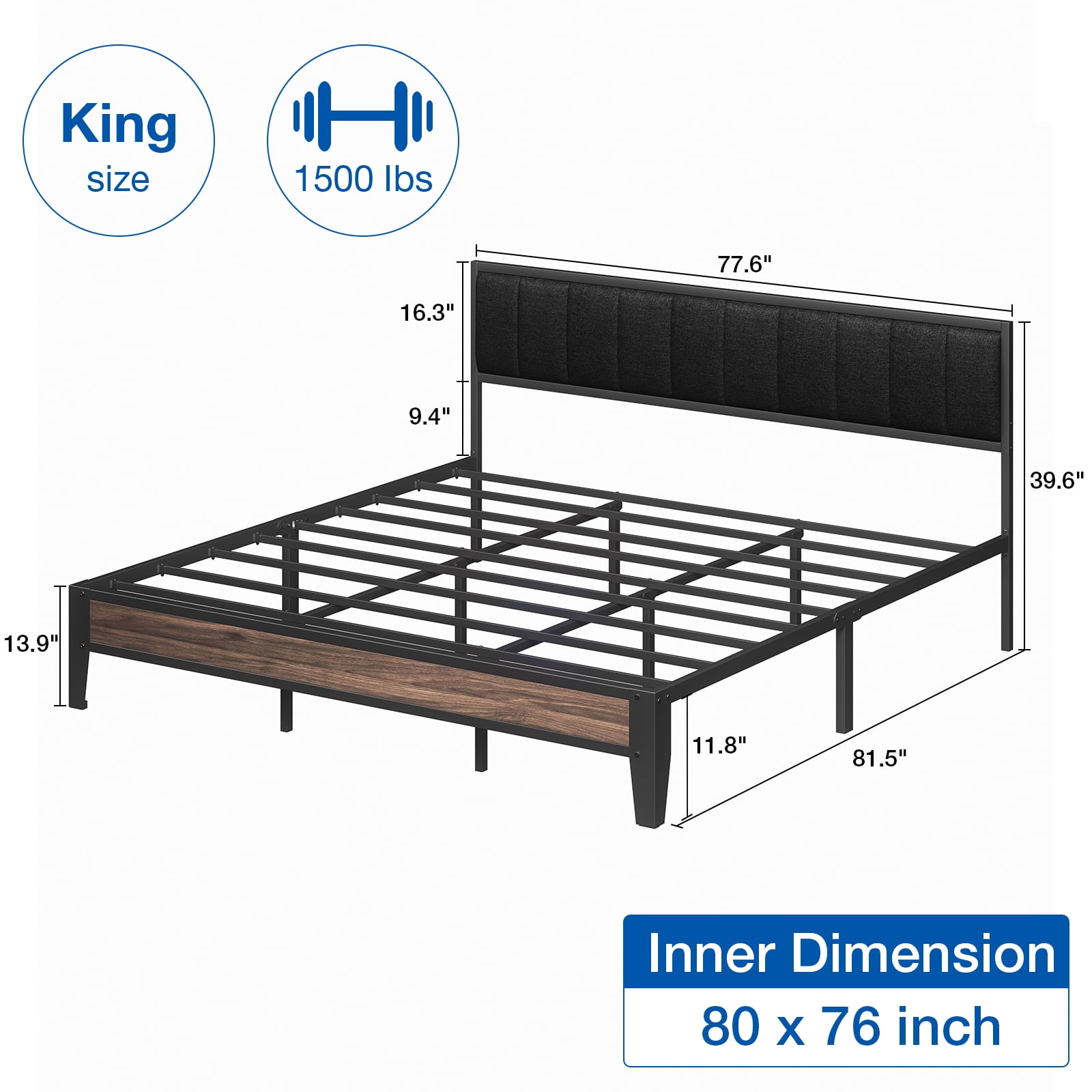 Lusimo King Bed Frame with Fabric Upholstered Headboard Metal Platform Bed No Box Spring Needed, Black