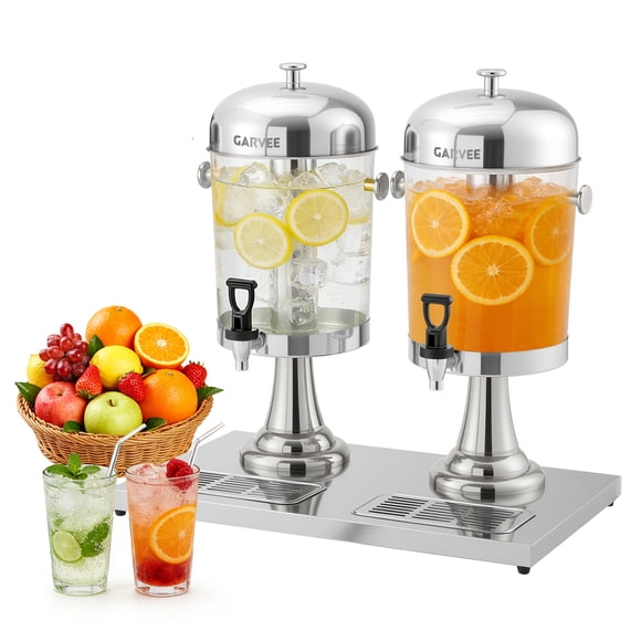 Dispensador de bebidas profesional de acero inoxidable 16,6L – Núcleo de hielo, grifo, doble cabezal, bandeja antigoteo – Para jugos y refrescos en catering – Color plateado, doble cabezal