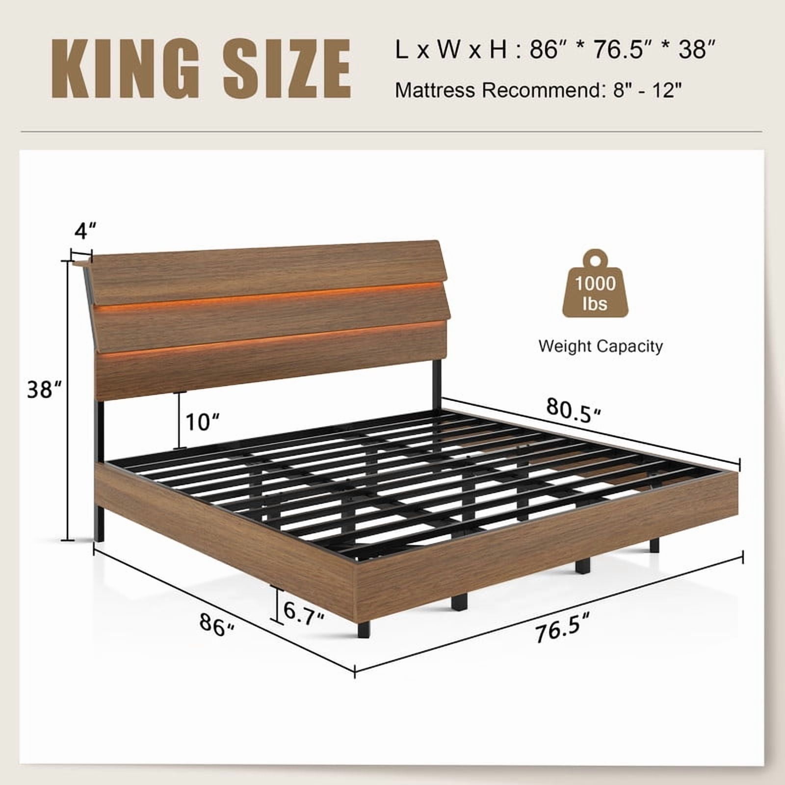 Einhomn Floating Bed Frame King Size with Storage Headboard, LED Lights and Charging Station, No Box Spring Needed