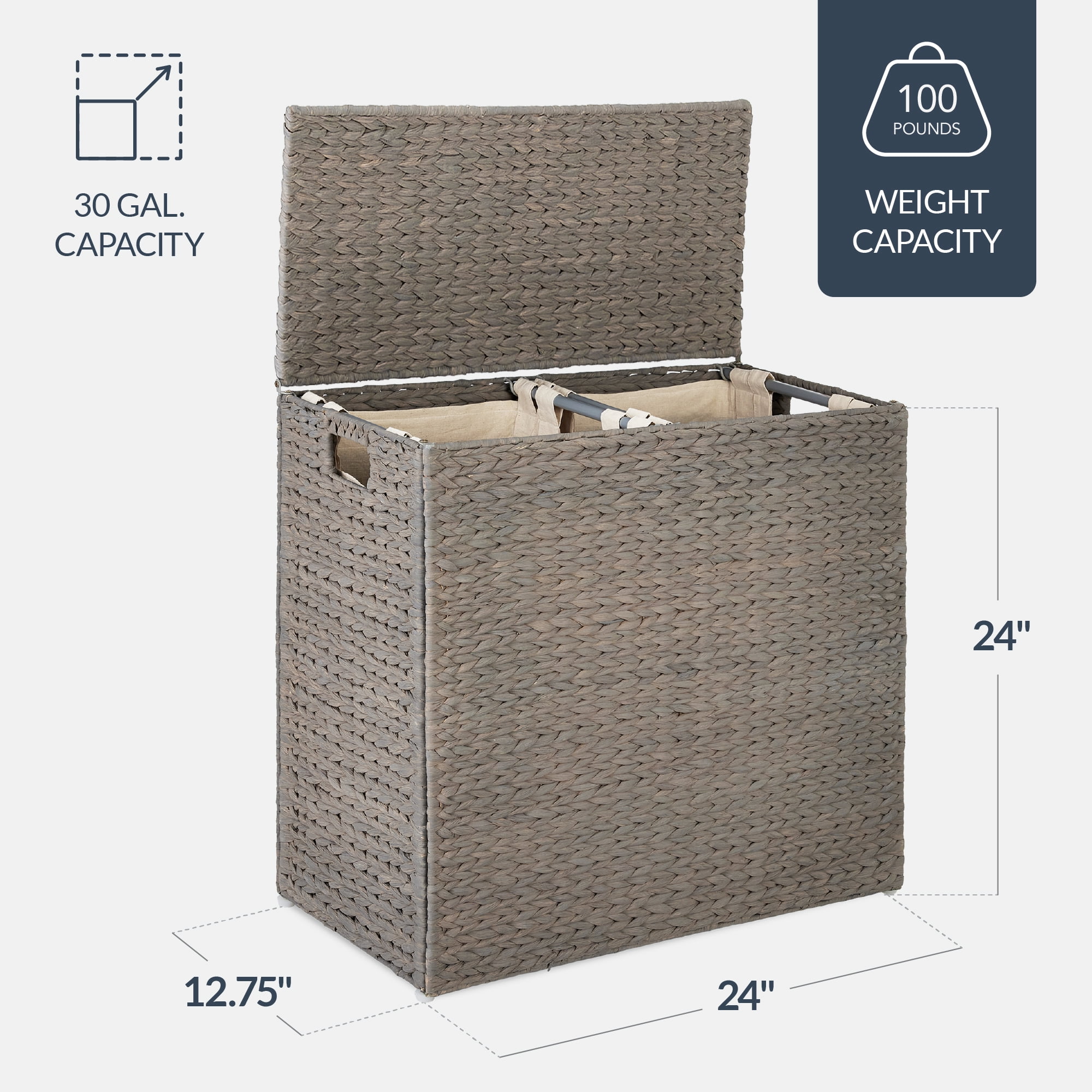 Best Choice Products Large Natural Water Hyacinth Double Laundry Hamper Basket w/ 2 Liner Bags, Handles - Gray