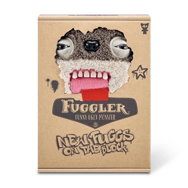 fuggler funny ugly monster, fuggler fuggs on the block plush toys soft fuggler stuffed animals toys for collectible, birthday gifts for kids teens women men, scarescome square bear peluche Scarescome Square Bear en caja, vista frontal con recorte que muestra cara peluda marrón y crema, nariz negra moldeada, ojos tela abultados desalineados, lengua rosada y dientes blancos suaves; caja kraft con leyenda "Fuggler" y "New Fuggs on the Block", fondo blanco. Apto como peluche coleccionable o regalo de broma.