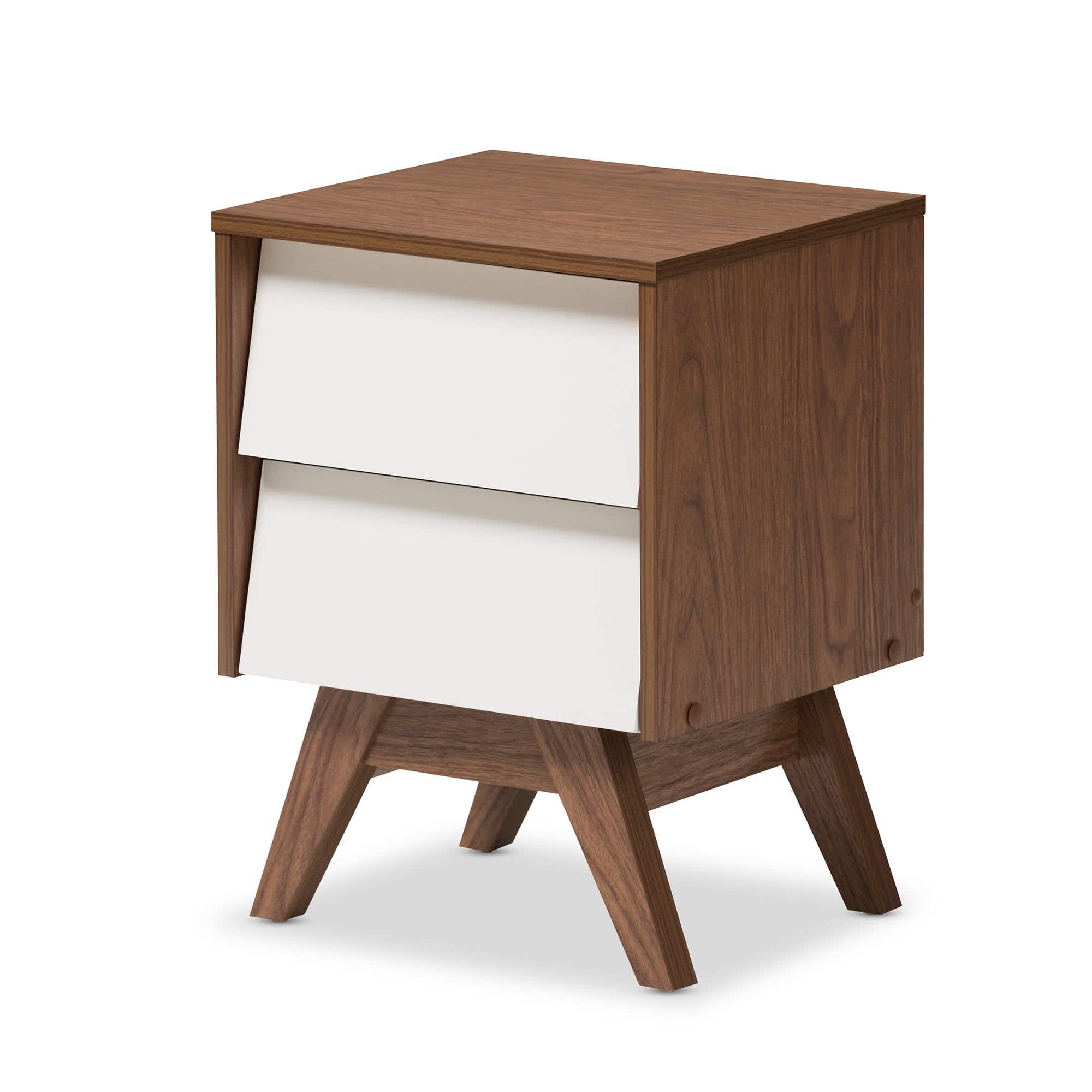 Halfrida Mid-Century Modern White and Walnut Wood 2-Drawer Storage Nightstand by Bellamy Studios