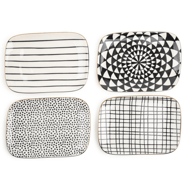 Thyme & Table Servware Assorted Black & White Patterned Stoneware Round Plates, 4 Pack