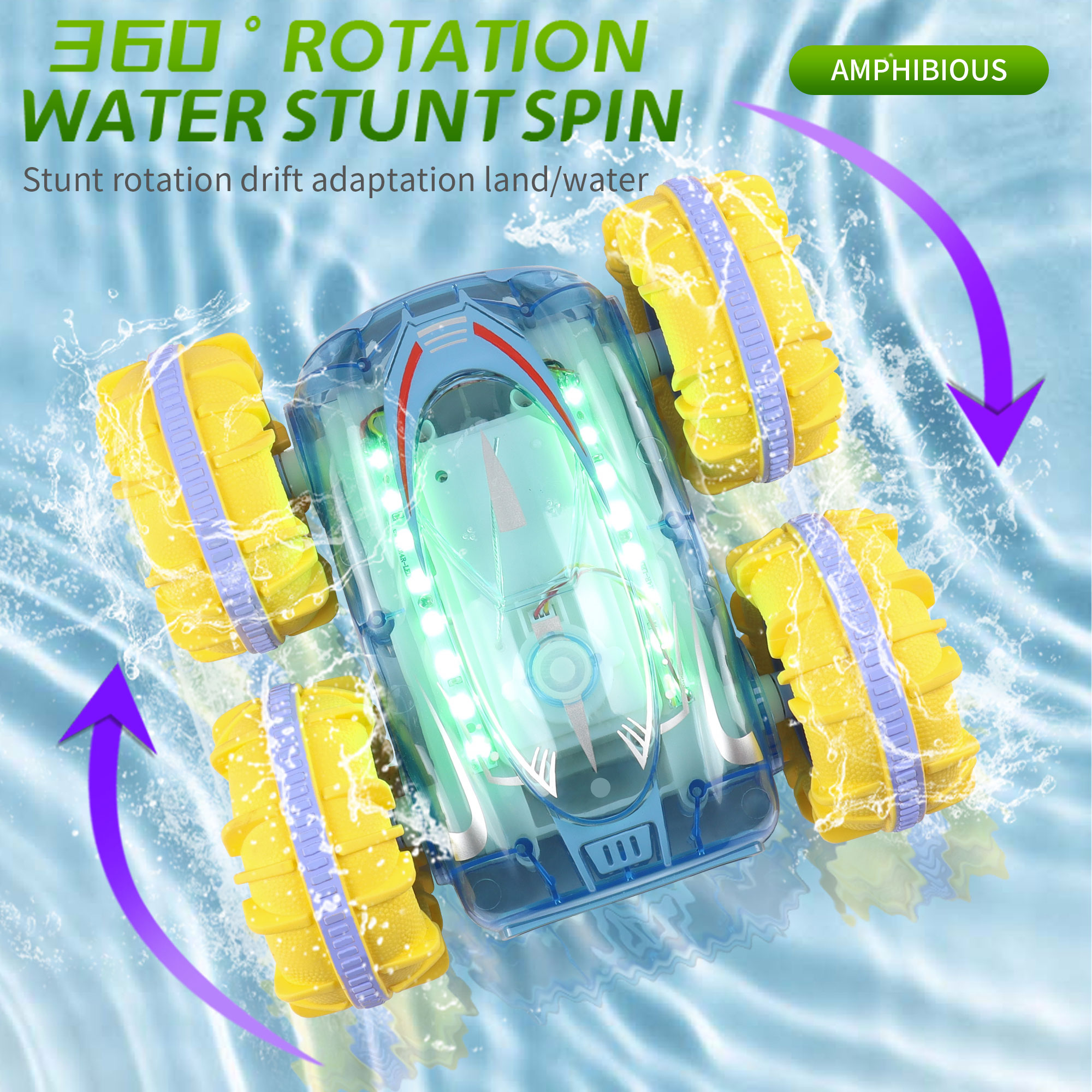 Yexmas Amphibious 4WD RC Stunt Car with LED Lights, 360° Flip, All-Terrain Monster Truck, Water Beach Pool Toys for Boys Girls