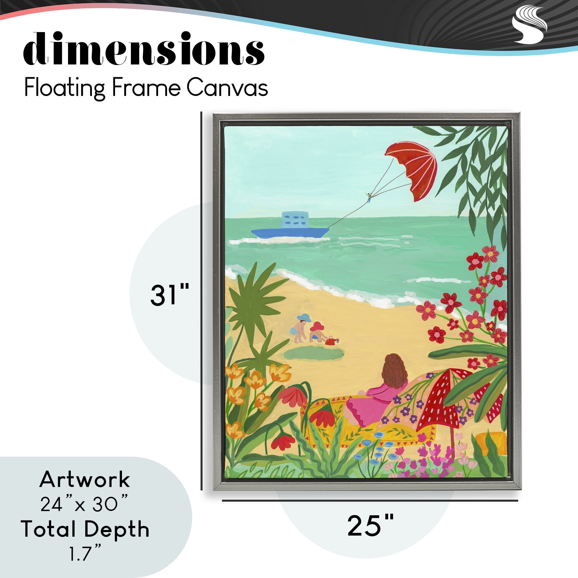 Beach And Flowers View Gray Framed Floater Canvas Wall Art, design by Nabeela Rumi
