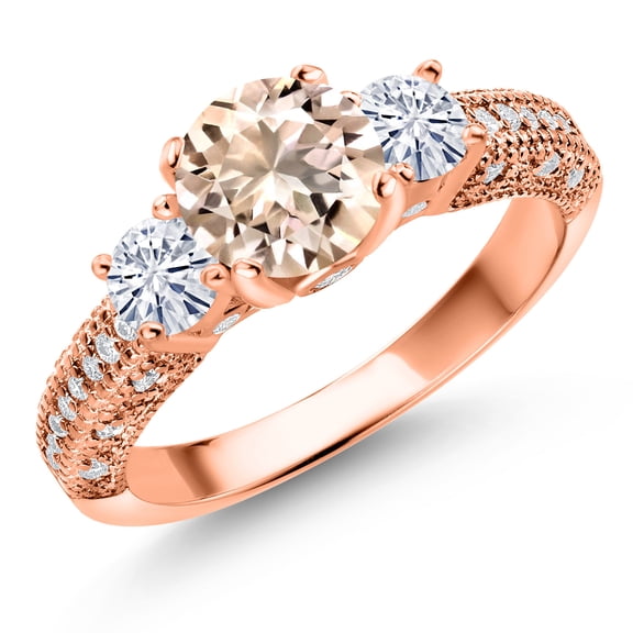 Gem Stone King 18K Rose Gold Plated Silver Peach Morganite and White Moissanite Engagement Ring for Women (1.69 Cttw, Gemstone October Birthstone, Round 7MM and 4MM, Size 7)