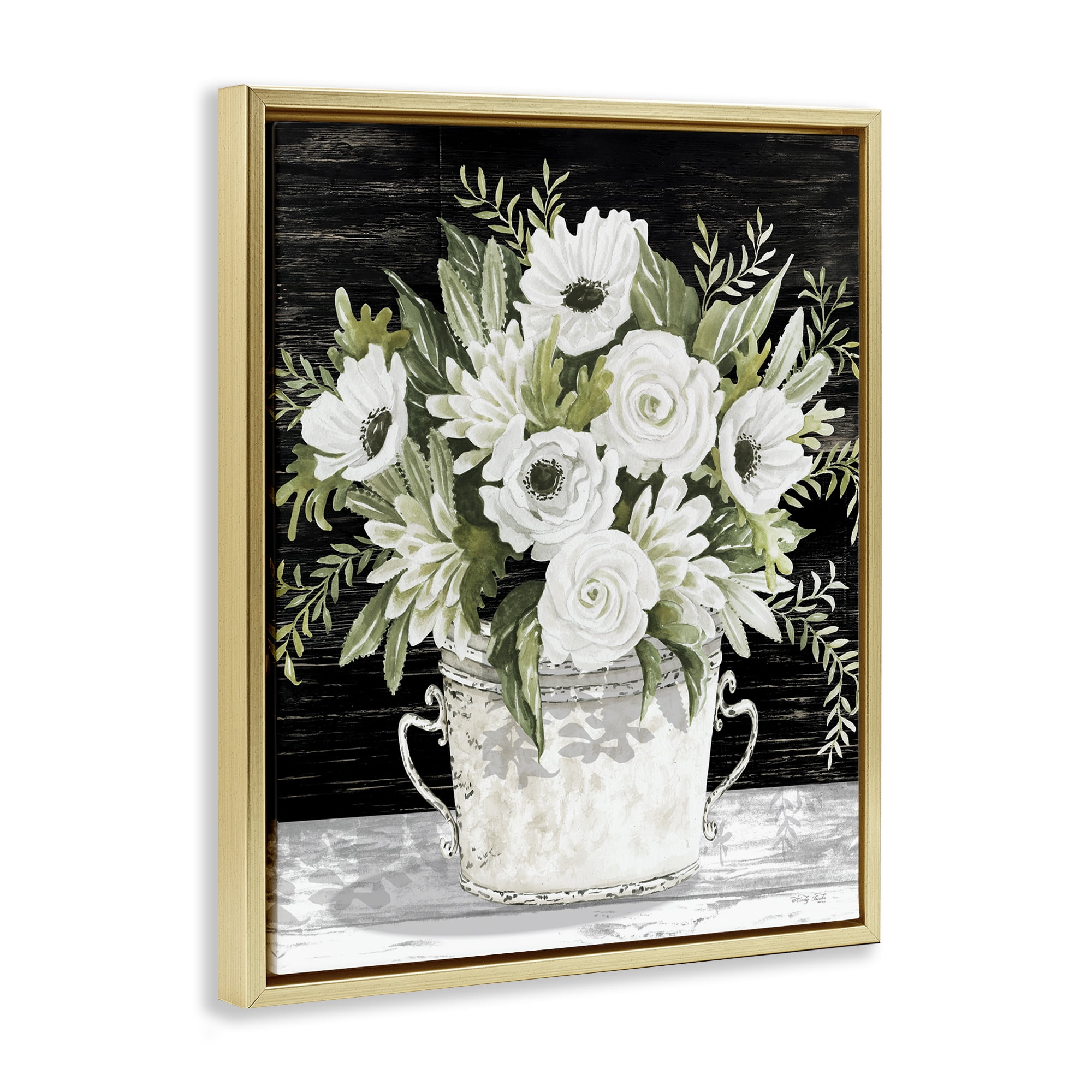Stupell Industries White Flowers Country Tin Plants & Flowers Painting Gold Floater Framed Canvas Art Print Wall Art, 17 x 21