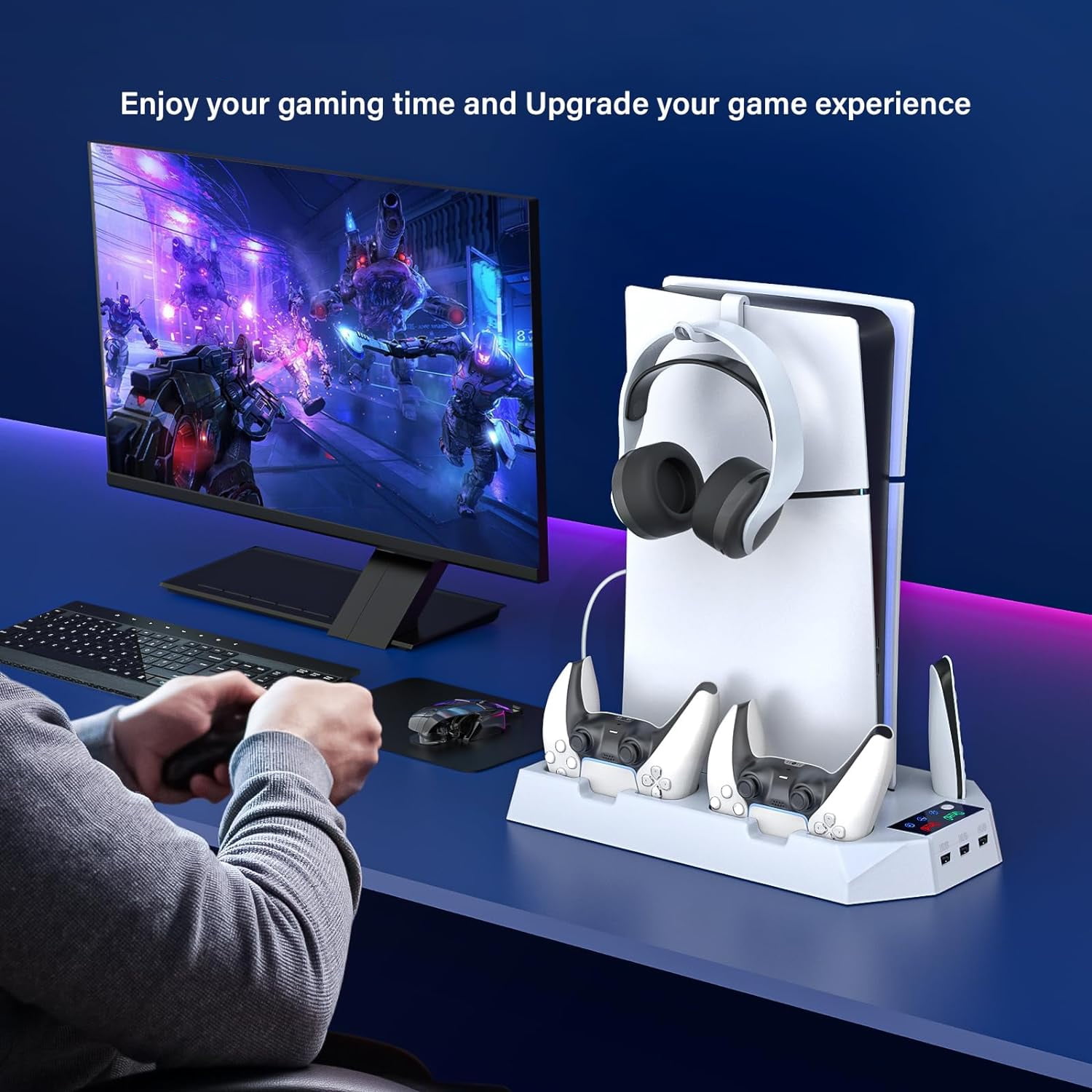Cooling Vertical Stand for PS5/PS5 Slim/PS5 Pro with Controller Charging Station Headset Holder for PlayStation 5 Console Disc/Digital Edition Accessories-Black
