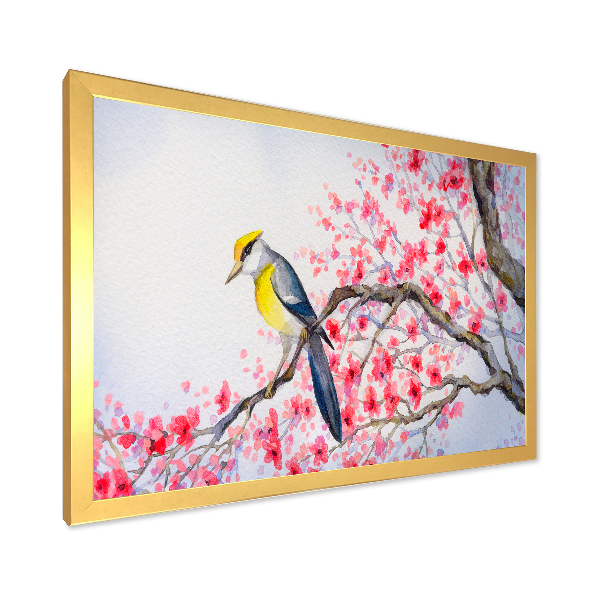 Beautiful Red Bird Sitting On Flowering Branch II 40 in x 30 in Framed Painting Canvas Art Print, by Designart