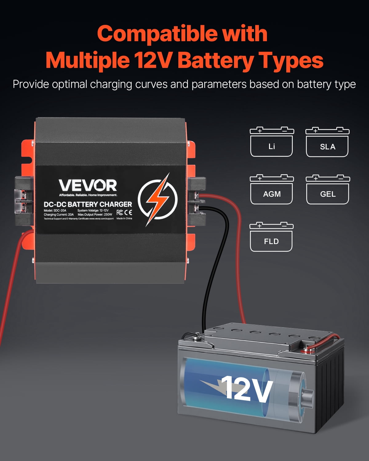 VEVOR 12V 20A DC to DC Battery Charger, 250W, On-Board Battery Charger for Lead-Acid, Lithium, AGM, GEL, and Flooded Batteries, Smart Multi-Stage Charging, for RVs, Commercial Vehicles, Boats