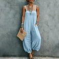 thumbnail image 7 of Baggy Linen Jumpsuits for Women Sleeveless Square Neck Overall Rompers Pleated Loose Casual Jumpsuit Blue, XL, 7 of 7