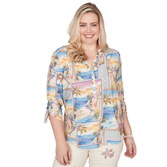 Alfred Dunner Womens Postcard Print Tie Sleeve Henley Top