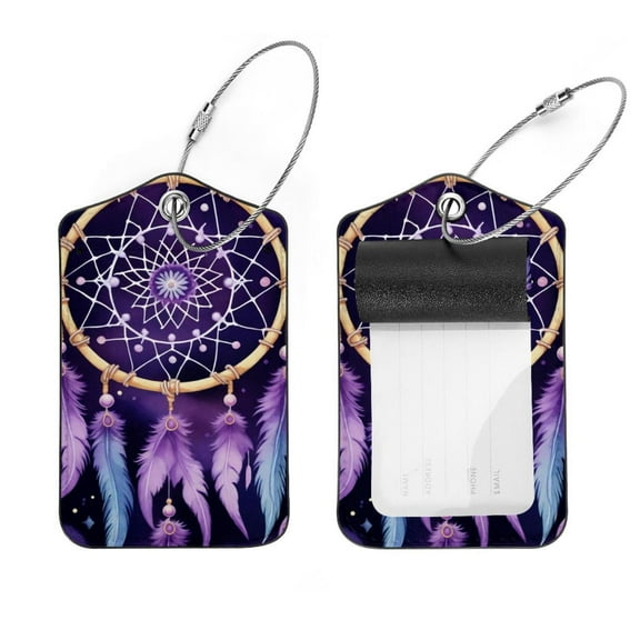 PhooArto Purple Dream Catcher Pattern Luggage Tags with Stainless Steel Loop, 2 Pack Luggage Tag Holders for Travel Luggage Baggage Identifier