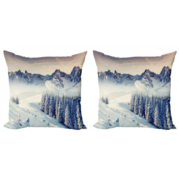 Ambesonne Black White Throw Pillow Cover 2 Pack, Snowy Winter View, 24", Blue Grey White