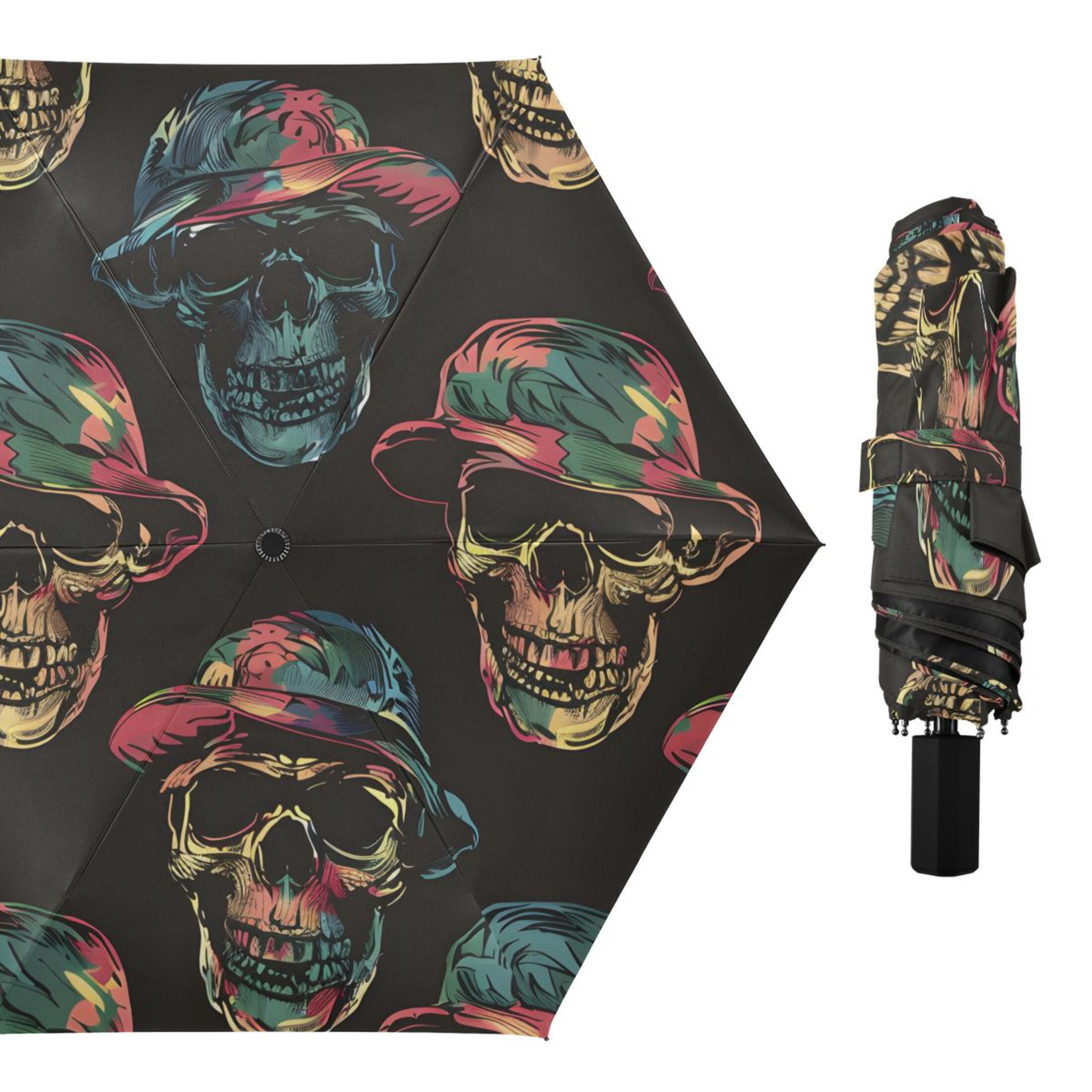 ALAZA Magic Skulls UPF 50+ Compact Folding Umbrella for Rain Travel Umbrella Packable