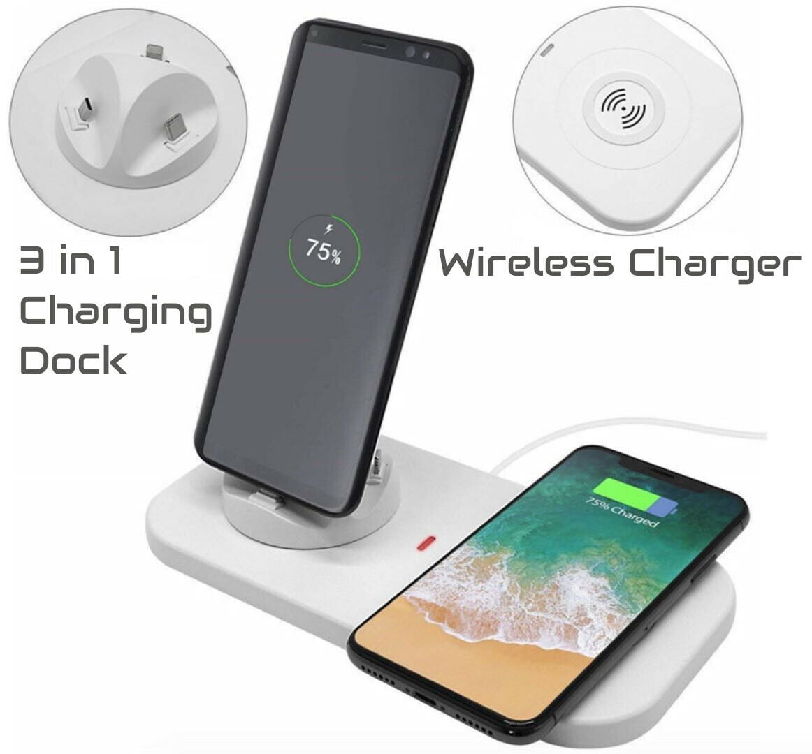 3 in 1 Wireless Charger Station Stand With Micro USB C Charging Dock for Apple iPhone 14, 13, 13 Pro, 12 Pro Max, 12 Mini, XS Max, XR X 8, Samsung