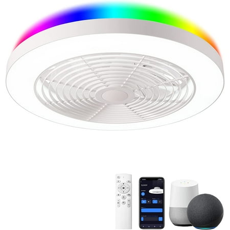 

Low Profile Ceiling Fan with Lights- 19.7 in Smart Bladeless ceiling fans with Alexa/Google Assistant/App Control Color Changing LED-RGB Back Ambient Light for Living Room Bedroom