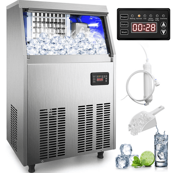 VEVORbrand 110V Commercial Ice Maker 80-90lbs/24H with 33lbs Bin, Full Heavy Duty Stainless Steel Construction, Automatic Operation, Clear Cube for Home Bar,Include Water Filter, Scoop