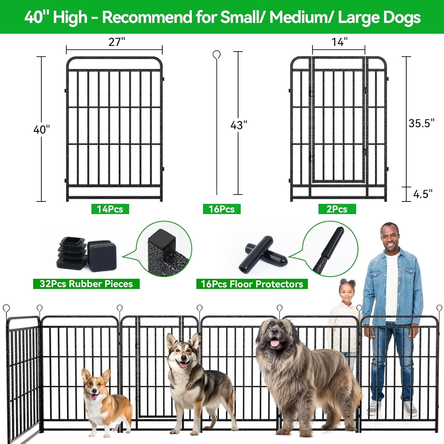 Dog Fence Outdoor 16 Piece Panels 40" Height, Square Steel Pipe with Reinforced Crossbars, Anti-Rust Heavy Duty Dog Playpen with Doors Portable for Yard RV Camping, Total 36FT, 103 Sq.ft, Snowy Black