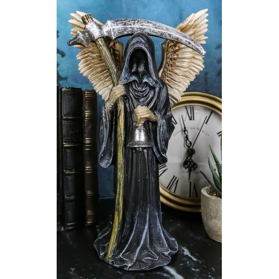 Winged Death Angel Grim Reaper with Scythe And Silver Toll Bell Figurine