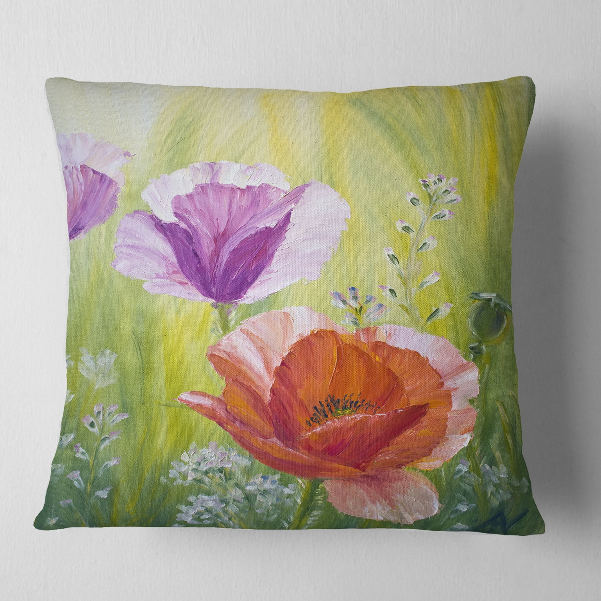 Designart Poppies in the Morning - Floral Throw Pillow - 18x18