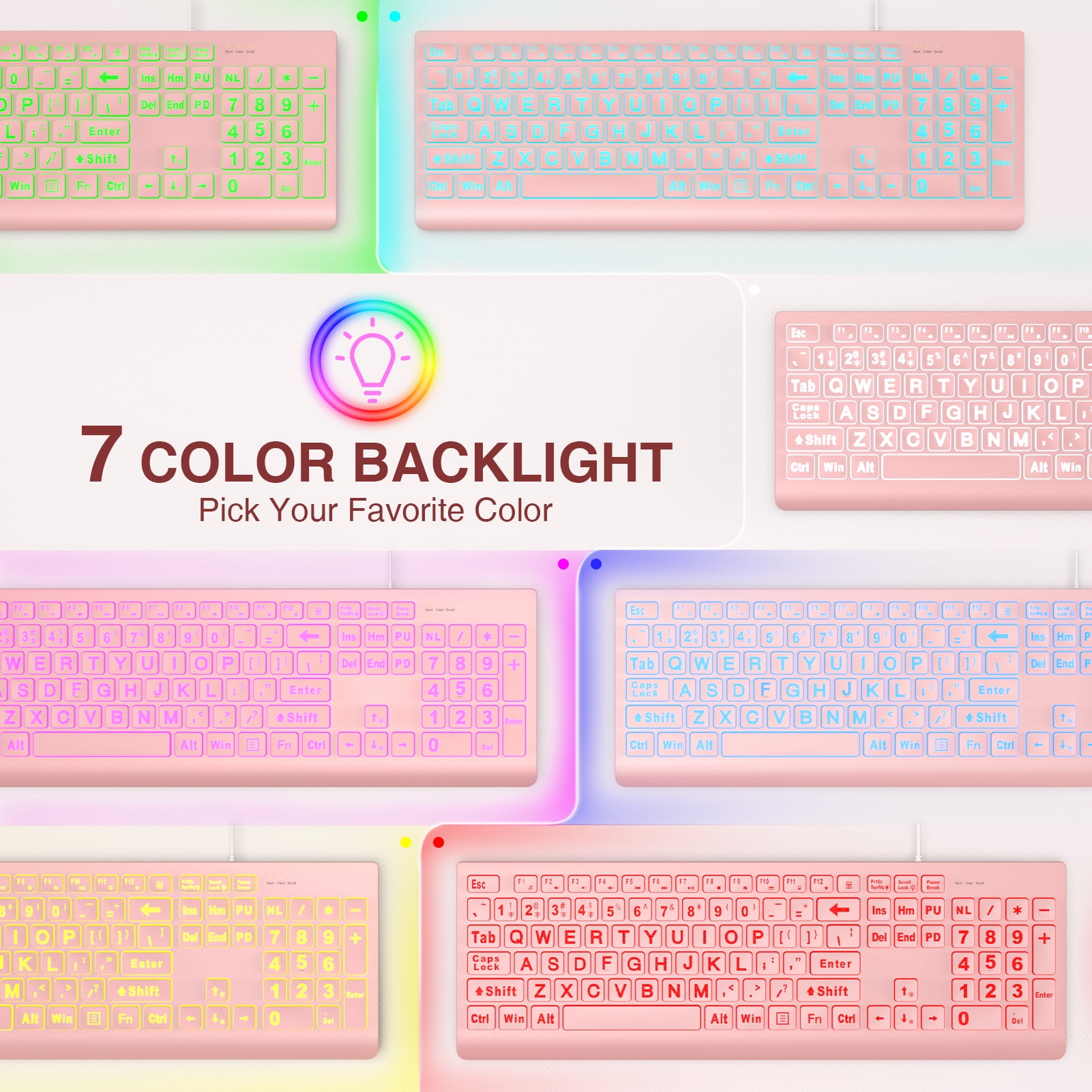 Wagpak Large Print Backlit Keyboard - Wired USB Lighted Computer Keyboard for Laptops,Pink