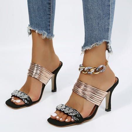 

Women‘s High Heel Slide Sandals Leopard Double Strap Stiletto Heel Slippers
