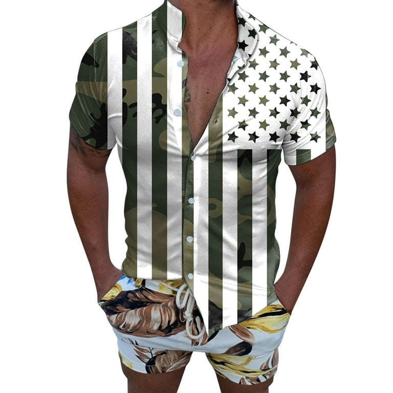Custom Work Shirts Men Fashion Men Spring Summer Casual Beach Flag Printed  Short Sleeve Top Blouse Shirts 