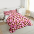 thumbnail image 3 of Homewish Kawaii Pink Brown Plaid Bedding Comforter Set, Vintage Game Abstract Twin Comforter Sets, Chic Square Rectangle Reversible Bedding Set, Lightweight Room Decor, 2-Piece, 3 of 8