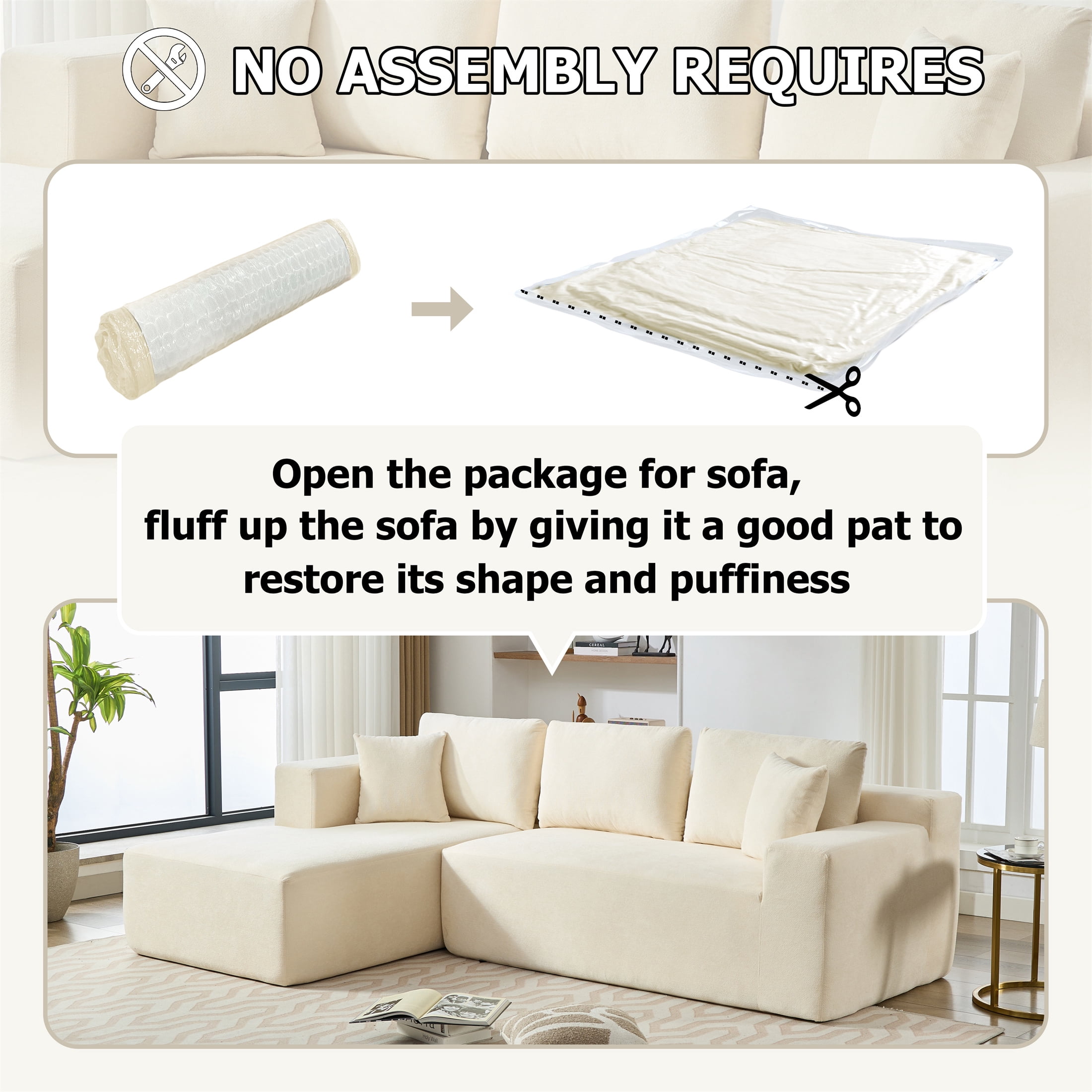 Aukfa 107" Cloud Sectional Couch Modern Modular Sofa with Deep Seat for Living Room, Installation Free, Chenille, Beige