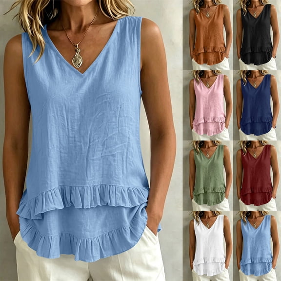 Favoffer Women's Tank Tops V Neck Sleeveless Ruffle Hem Casual Loose Fit Blouses Lightweight Summer Tops for Brunch Dating Casual Weekend