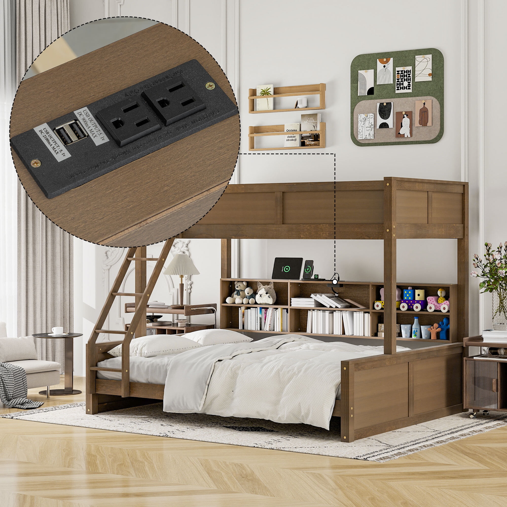 Euroco Twin XL over Queen Bunk Bed with Functional Cabinet and USB Charging Station for Kids Teens, Wood