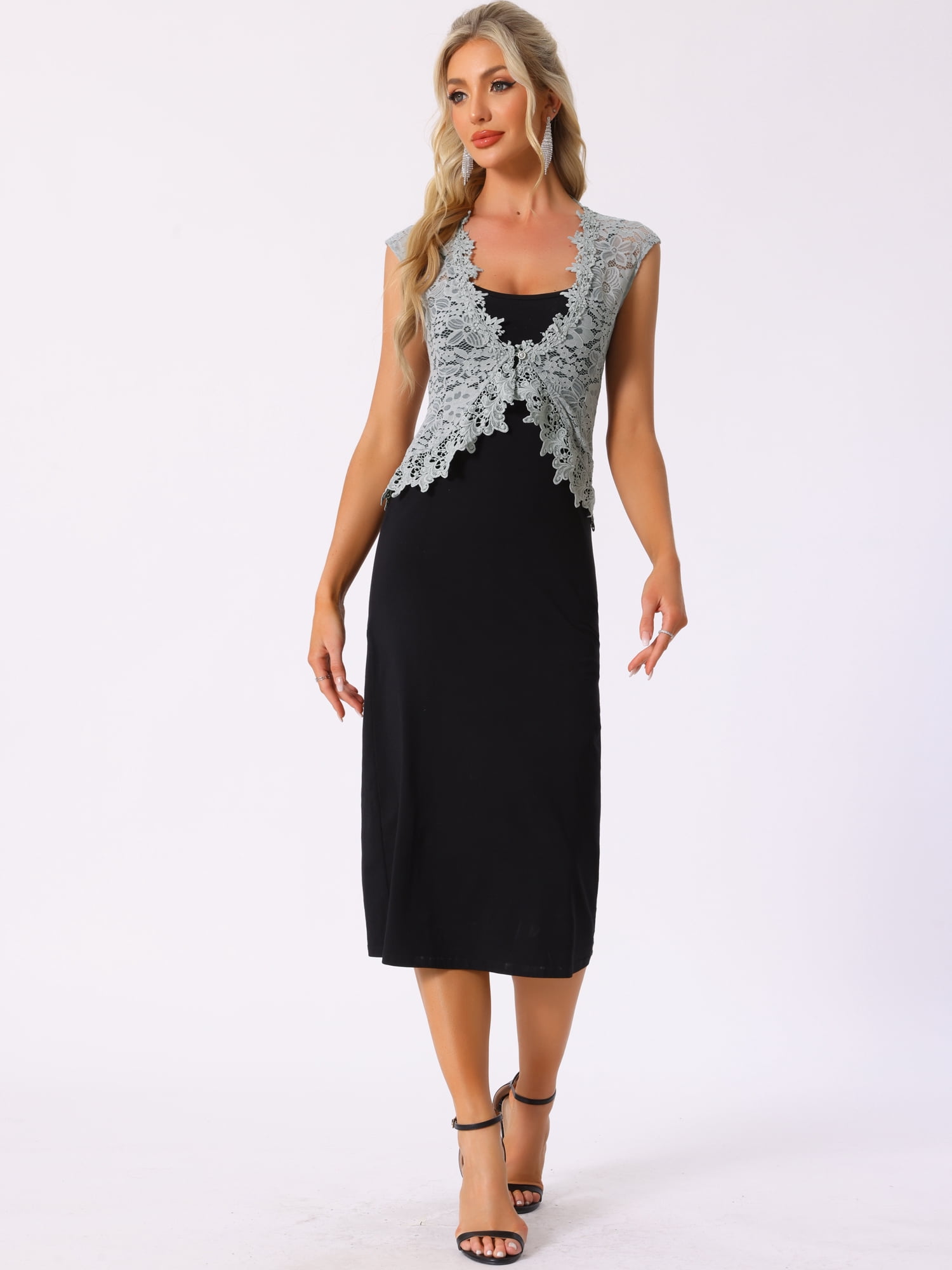 DARING DIVA Women's Lace Cap Sleeves Cardigan Floral Shrug XS Grey