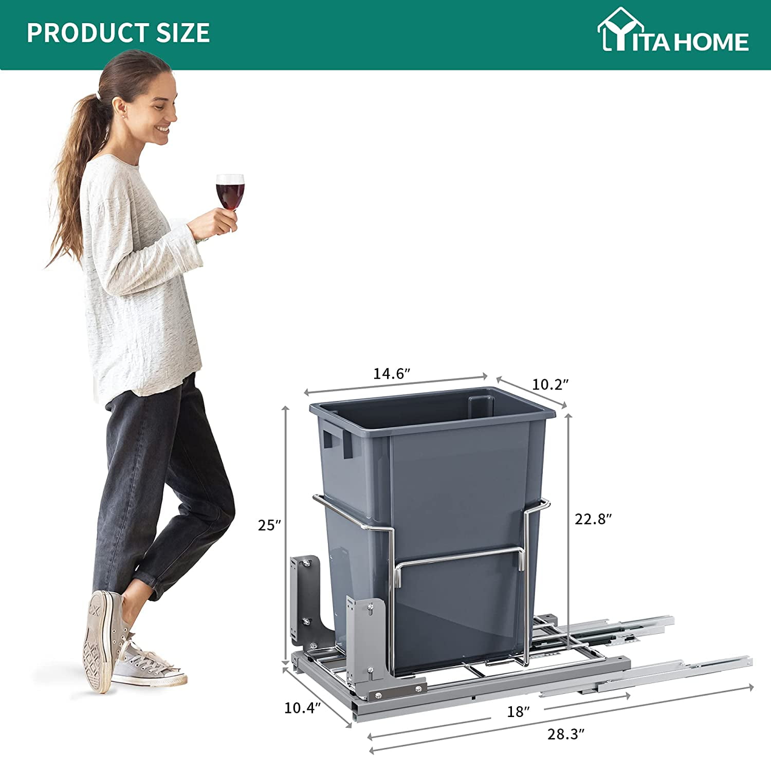 Dextrus 37 Quart Pull-Out Trash Can Recycling Bin, Sliding Kitchen Waste Garbage Container with Soft-Close Slides, Gray