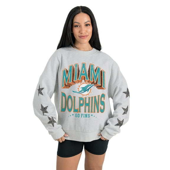 Women's Gameday Couture Ash Miami Dolphins Resilience Relaxed Rhinestone Pullover Sweatshirt