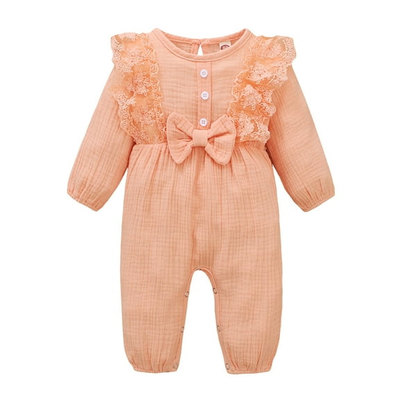 Mikrdoo Newborn Baby Girls Romper 0 Months Baby Girls Jumpsuit 3 Months Baby Girls Long Sleeve Solid Color Bow Round Neck Romper,Pink