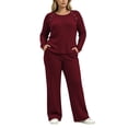 thumbnail image 2 of Sentuca Womens Lounge Set Ribbed Knit Crew Neck Long Sleeve Top Wide Leg Pants with Pockets Fall Casual Comfort Lightweight 2 Piece Outfits Wine XL, 2 of 8