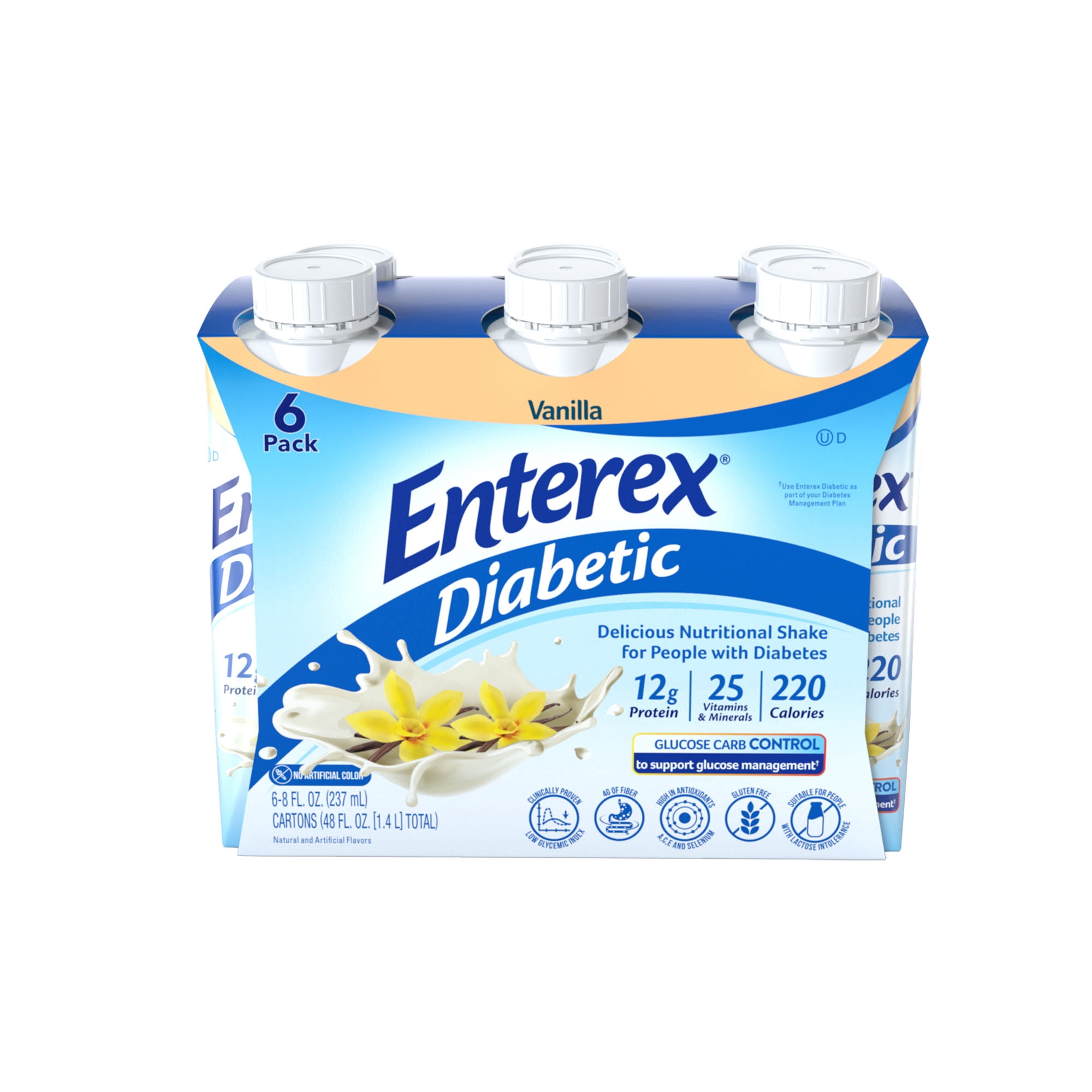 Enterex Diabetic Nutritional Meal Replacement Shake,for People with Diabetes, Vanilla, 8 Fl oz Carton, 6 Pack