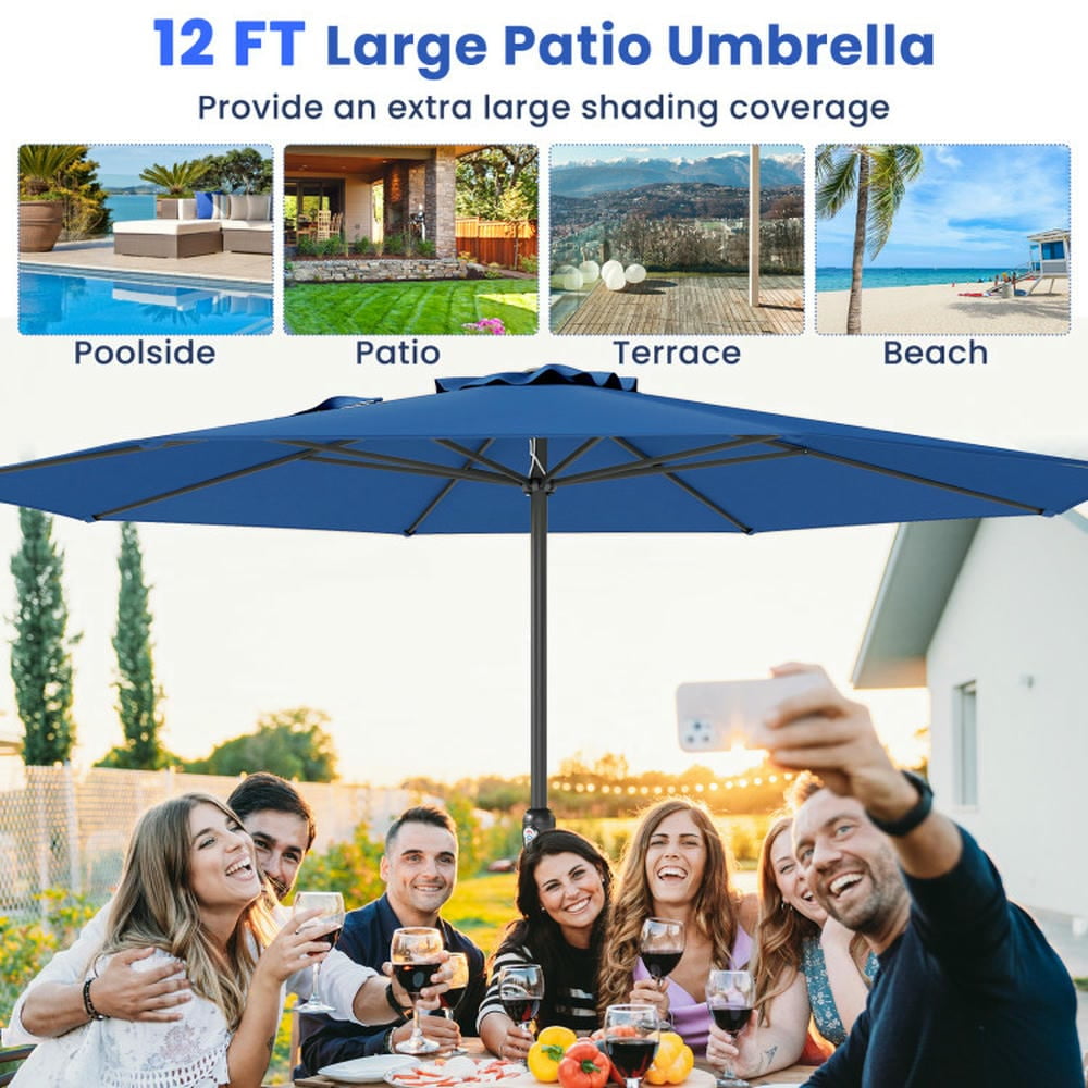 GVN Patio Umbrella, Outdoor Table Umbrella,12 Feet Patio Umbrella with Crank Handle and 8 Sturdy Ribs-Navy