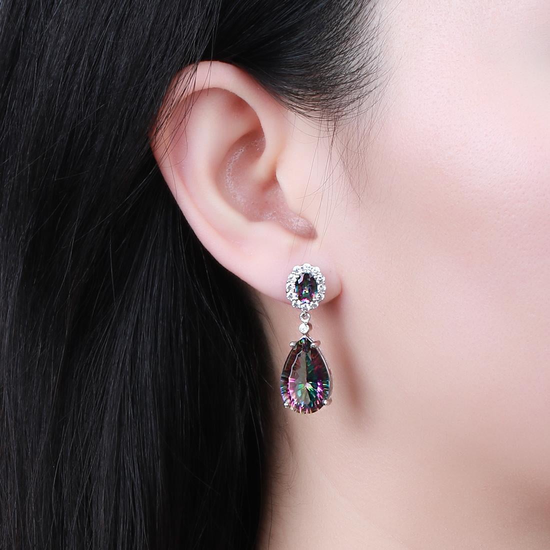 Juwaliy 10CT Teardrop Dangle Earrings Women Rainbow Mystic Topaz Stud Earring 925 Sterling Silver Jewelry Birthday Christmas Mother's Day Gift for Her