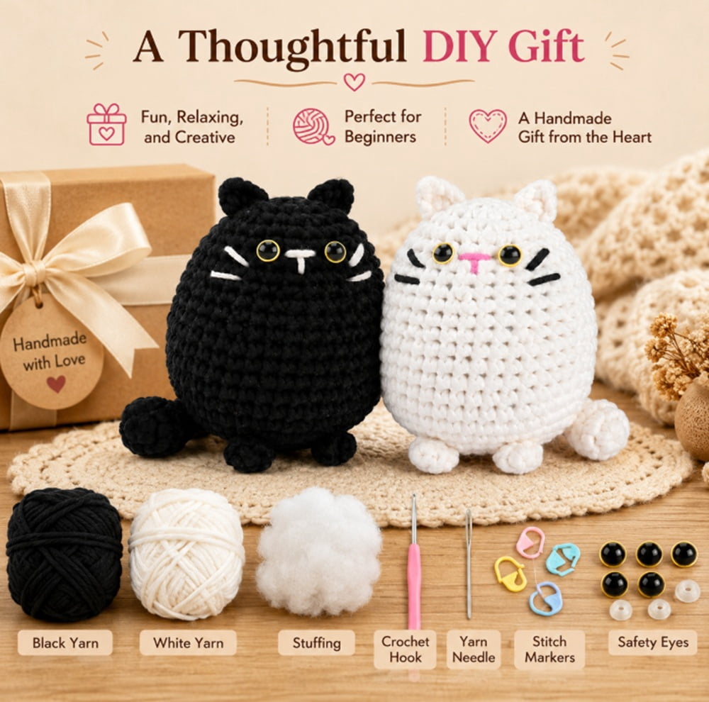 2 Pack Cat Crochet Kit for Beginners, Cat Amigurumi Starter Set with Step by Step Video Tutorials, TIKA
