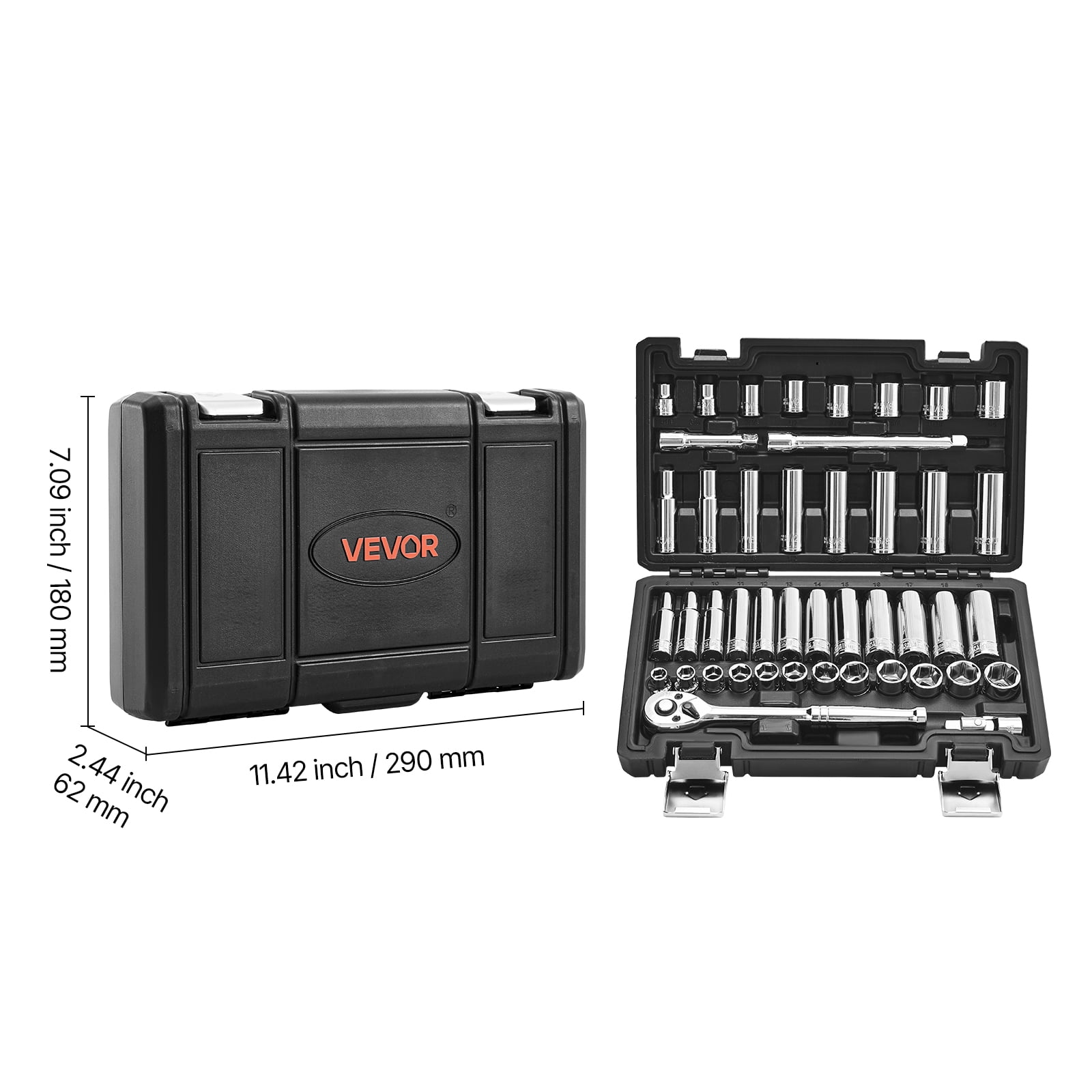 VEVOR Socket Set, 44 Pieces, 3/8 inch Drive Socket and Ratchet Set, SAE and Metric, Deep and Shallow, Mechanic Tool Kit with Accessories and Storage Case, CR-V Alloy Steel, for Automotive Repair