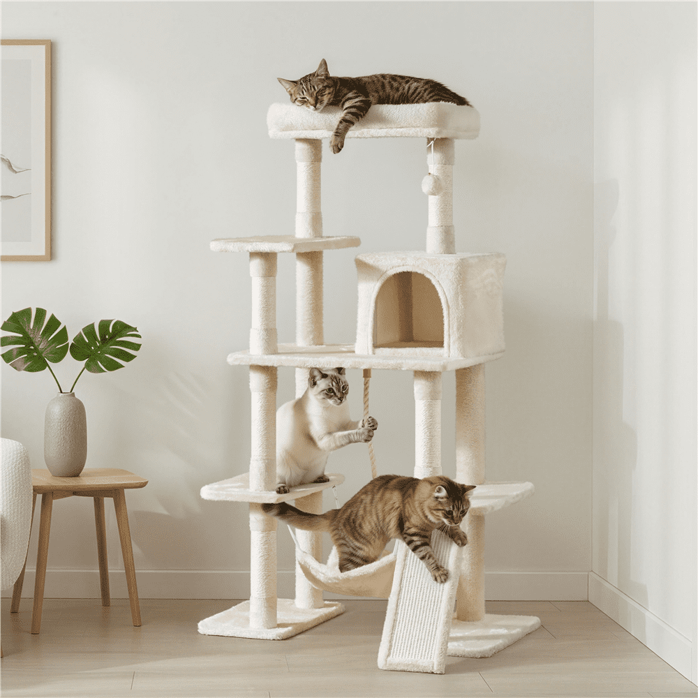 Renwick 54" Tall Multilevel Cat Tree with Hammock Scratching Posts, Beige
