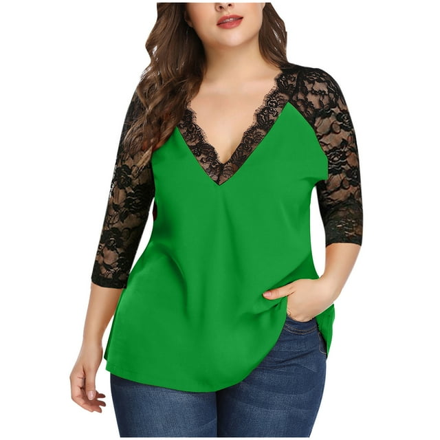Camisas Para Mujer Tallas Grandes Casual Manga Larga Sólido Encaje Cuello en V Camiseta de Empalme Tops de Hilo de Red Odeerbi ODB126302