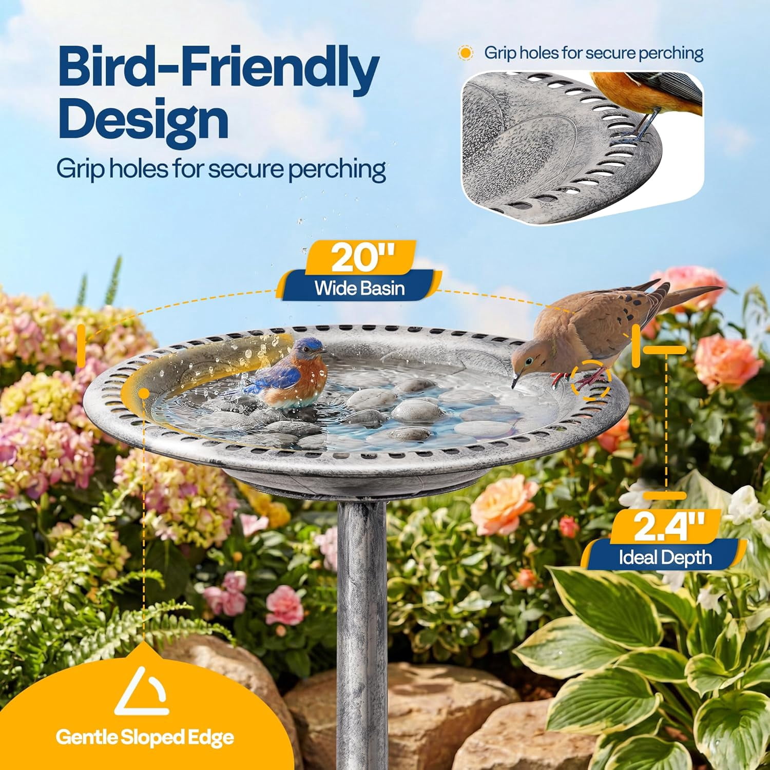 SPECSTAR Bird Bath, 28 inch Height Polyresin Lightweight Antique Outdoor Garden Birdbath Gray